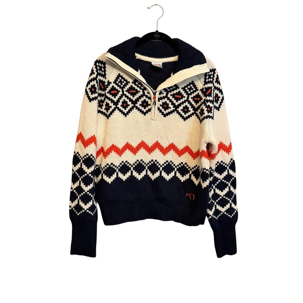 Kari Traa Agnes Knit Half Zip Sweater M Cream Blue Wool Fair Isle Quiet Luxury